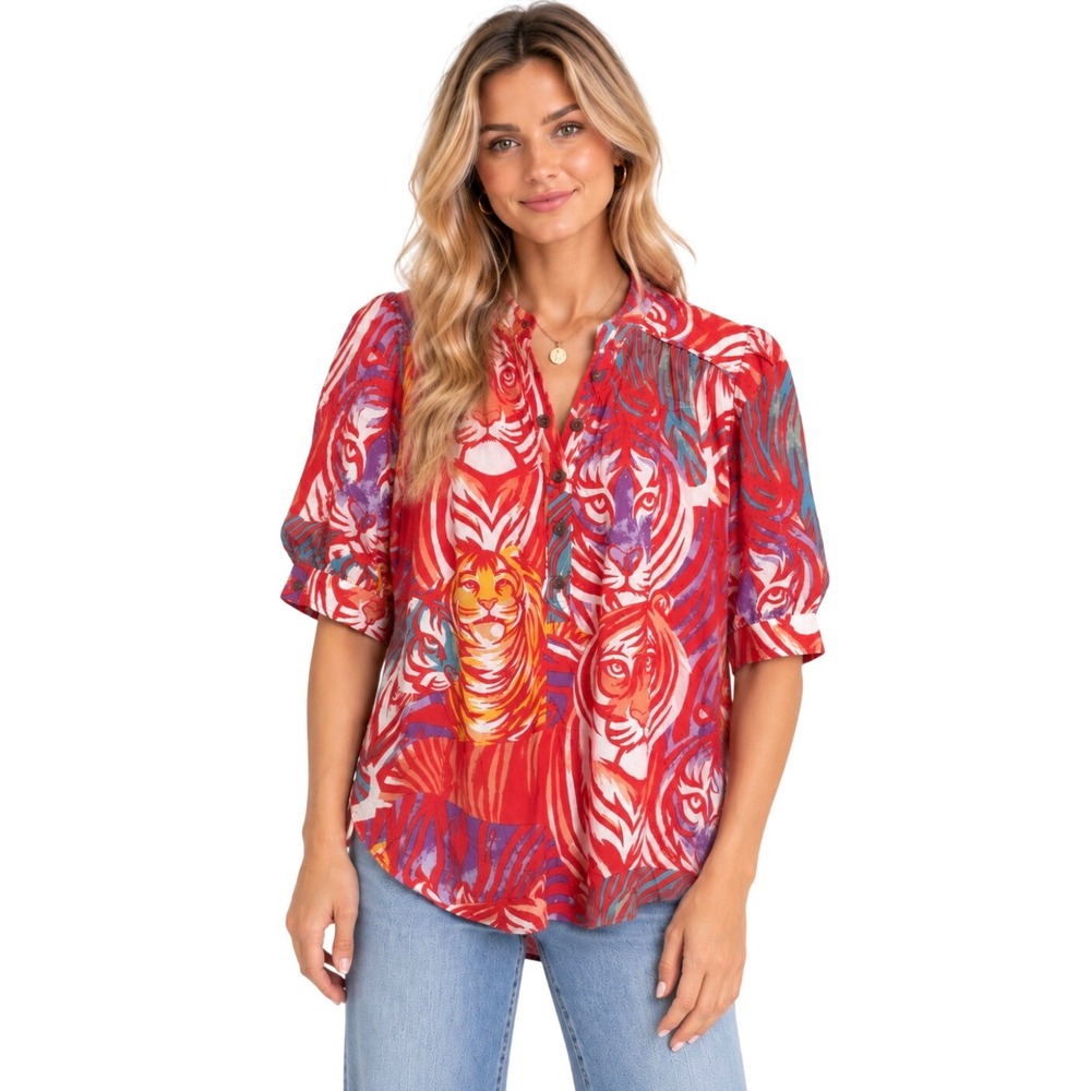 Anthropologie Cecilia Pettersson Tiger Print Tunic Blouse Red Small OBII47952